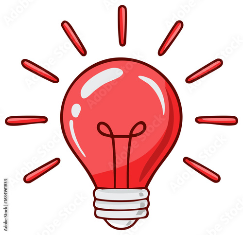 Red Cartoon Lightbulb Radiating, Idea Concept, Creative Thinking, Innovation, Inspiration