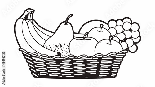 Abundant fruit basket brimming with bananas, apples, pears, and grapes offers healthy eating inspiration.