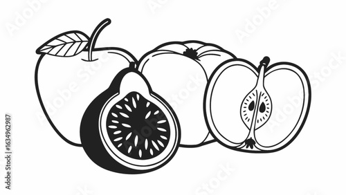 Fresh whole and sliced apples and fig create a vibrant healthy food arrangement