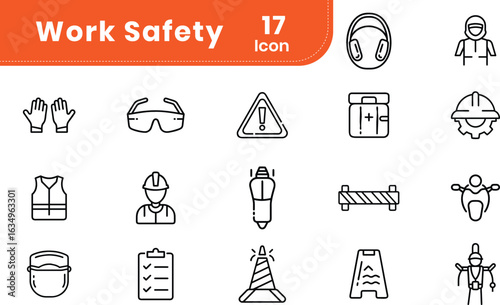 Work safety line icon set. Editable Vector illustration in modern thin line style of Work safety related icons. Labor protection, hard hat, protective glasses and gloves, ear protection, safety traini