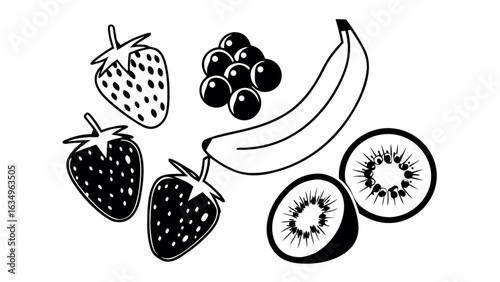 Wallpaper Mural Vibrant fresh fruit medley featuring strawberries, blueberries, kiwi slices and a banana creating a healthy, delicious composition Torontodigital.ca