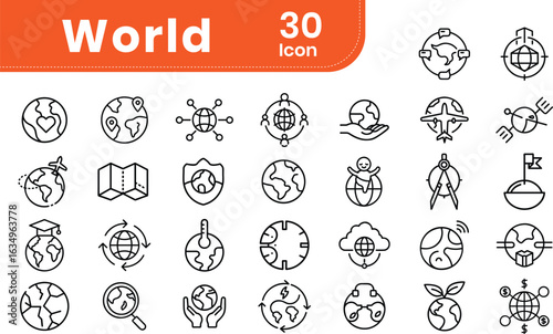 Worldwide and global line icon set. Eps editable file. Containing world, international, global, earth, network, sphere, globe, and more. Vector illustration