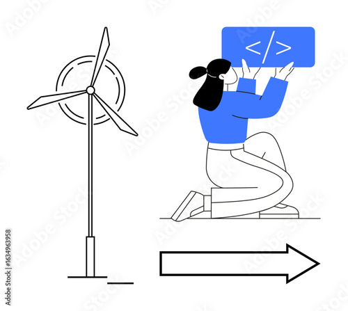 Female coder holding code panel beside wind turbine and arrow. Ideal for technology, green energy, coding, innovation, sustainability, software development, simple landing page