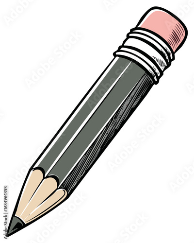 Sharpened grey drawing pencil with a pink eraser rendered in a retro style illustration