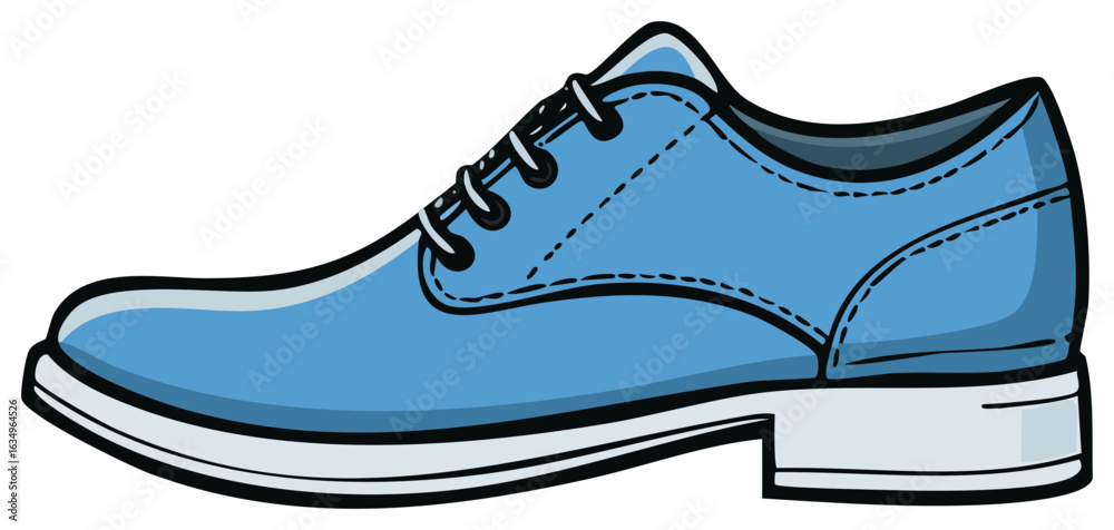 Cartoon illustration of a blue lace-up dress shoe with white sole and black trim for fashion accessory concepts.