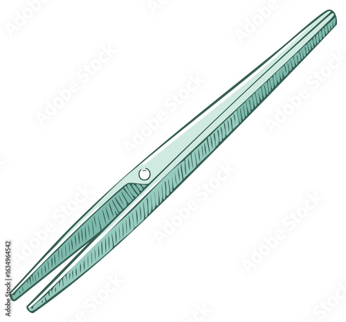 Thin, silver tweezers with a pointed tip and textured grip, illustrated in a simple sketch style