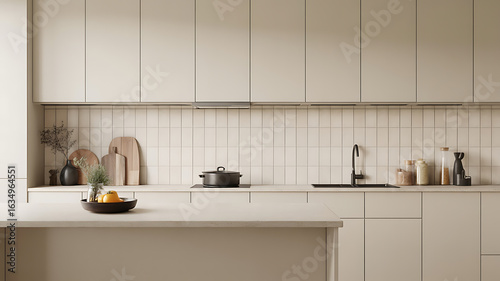 Modern beige kitchen with minimalist design.
