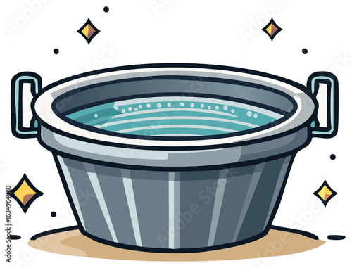 Illustration of a shiny bucket filled with water, embellished with decorative sparkle elements