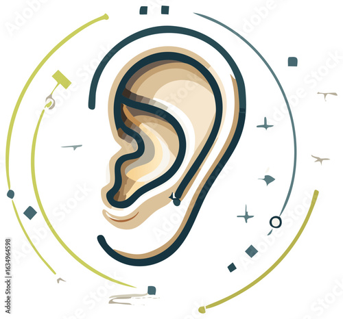 Abstract human ear with abstract shapes and lines in a circular composition