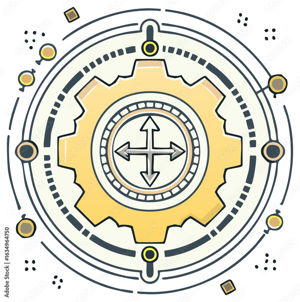 Obraz premium Yellow Gear with Navigation Arrows in Circle Abstract Vector Design