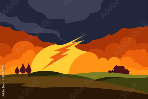 Dramatic landscape with lightning strike and stormy sky