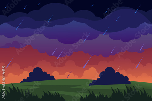 Dramatic stormy sky with rain over grassy hills