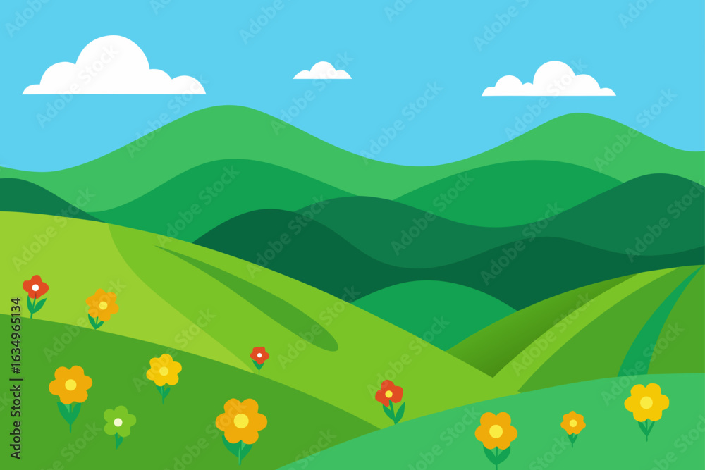 Fototapeta premium Vibrant green rolling hills with colorful flowers under a blue sky