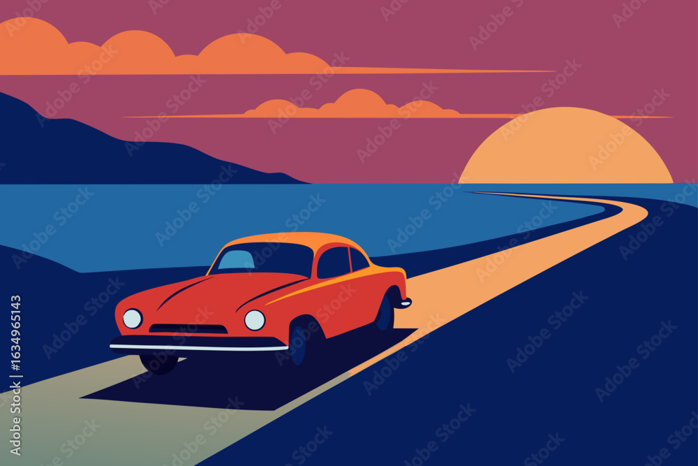 Fototapeta premium Vintage car drives on coastal road at sunset