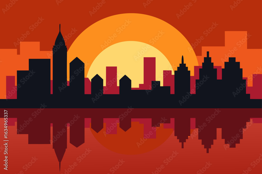 Fototapeta premium Cityscape silhouette at sunset with reflection