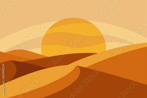 Stylized desert landscape with a large sun