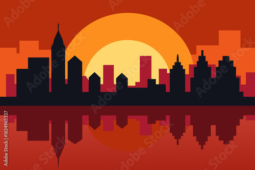 Cityscape silhouette at sunset with reflection