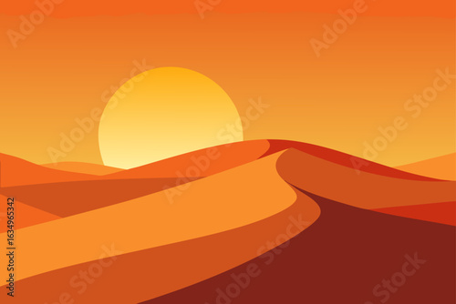 Vibrant desert landscape with rolling sand dunes under a warm sun