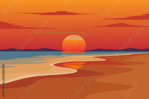 Vibrant sunset over a calm ocean and sandy beach
