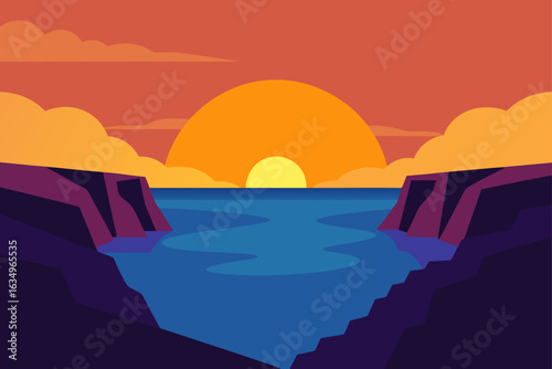 Vibrant sunset over calm ocean water between rocky cliffs