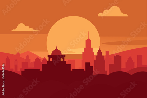 Cityscape silhouette at sunset with warm orange sky