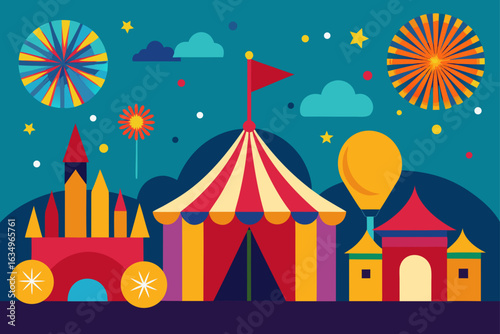 Colorful flat design circus scene with tent and castle
