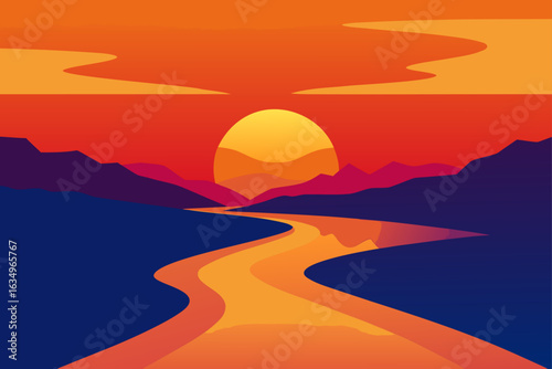 Vibrant sunset over winding river and mountains