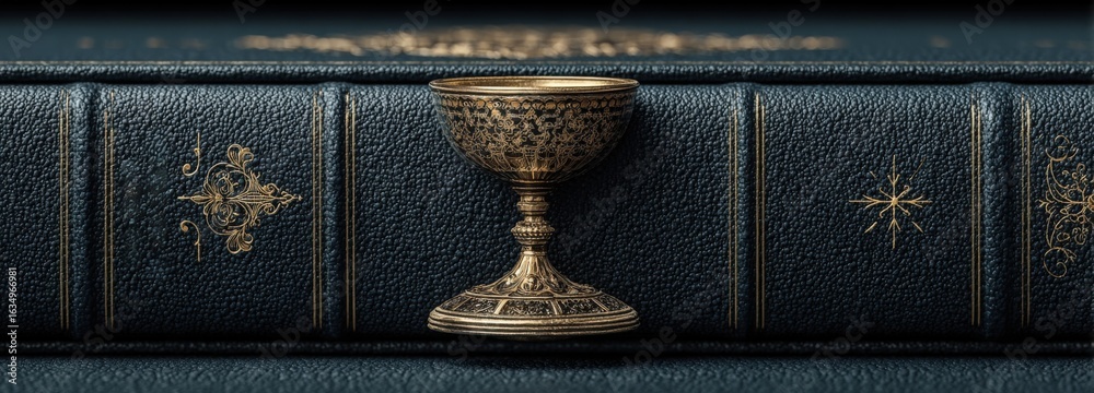 Fototapeta premium Spiritual advisor tools with golden chalice and silver book on a black-blue gradient