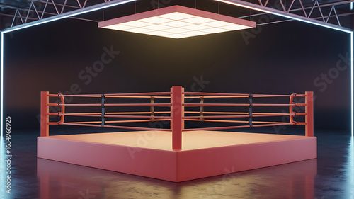 Empty red boxing ring, futuristic lighting, industrial setting.
