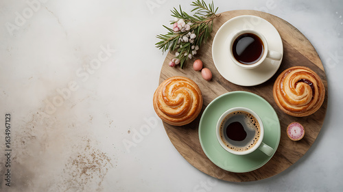 A wooden tray holds coffee and pastries, a peaceful morning scene.
