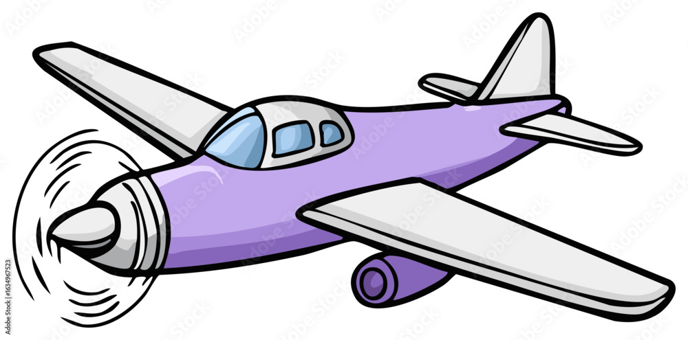 Fototapeta premium Cute Cartoon Propeller Airplane Illustration Flying with Spinning Propeller in Purple and White