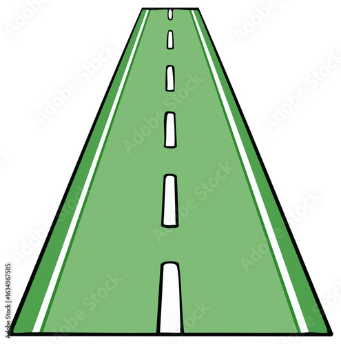 Stylized green road with white dashed lines and border stripes receding to a distant point