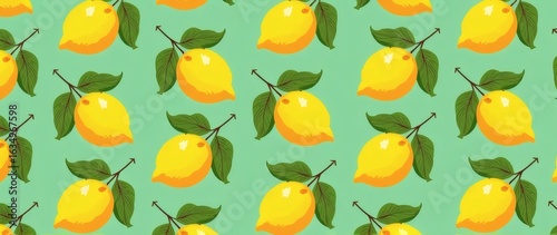 Pattern of Lemons with Leaves on Green Background