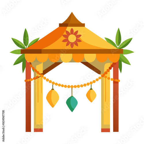 Decorated Sukkah Hut Vector with Palm Roof and Hanging Fruits