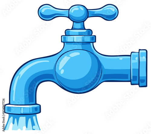 Bright Blue Faucet with Flowing Water Comic Style Isolated Illustration