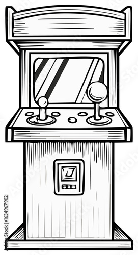 Vintage arcade game machine with joysticks and buttons in black and white sketch style