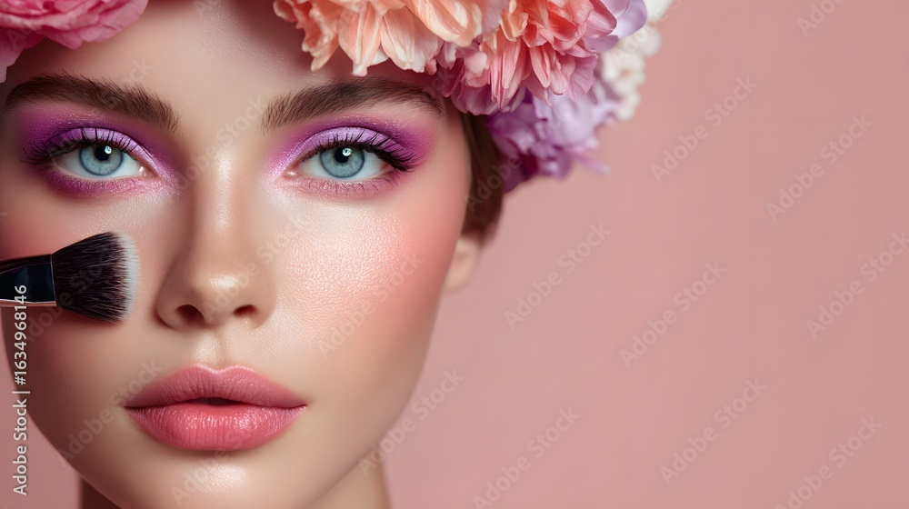 Naklejka premium A model with flowers in her hair and glamorous makeup applies her blush with a brush.