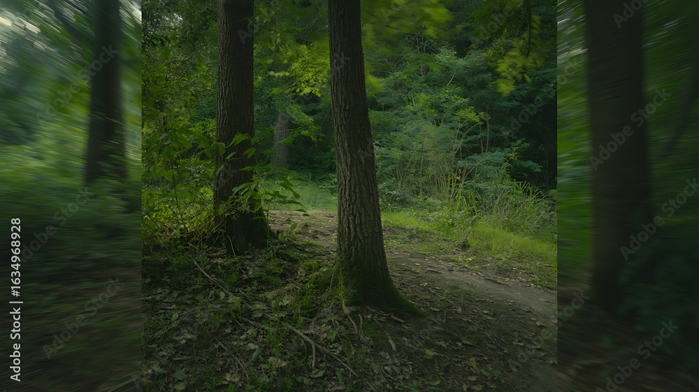 Fototapeta premium Dark forest path, shrouded in green shadows.