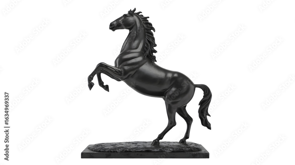 Fototapeta premium A dark metal horse statue rearing up on its hind legs against a white background in a studio setting on transparent background