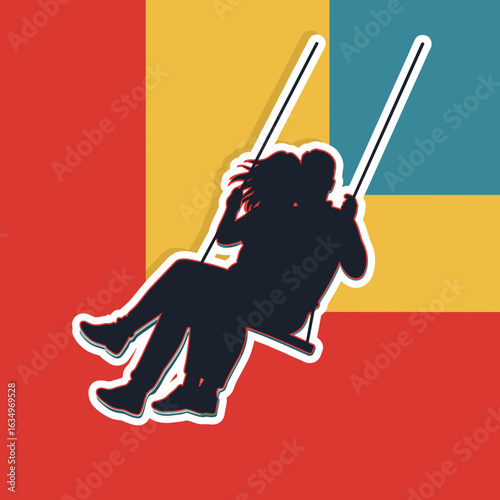 A silhouette of a couple swinging together on a swing against a colorful background