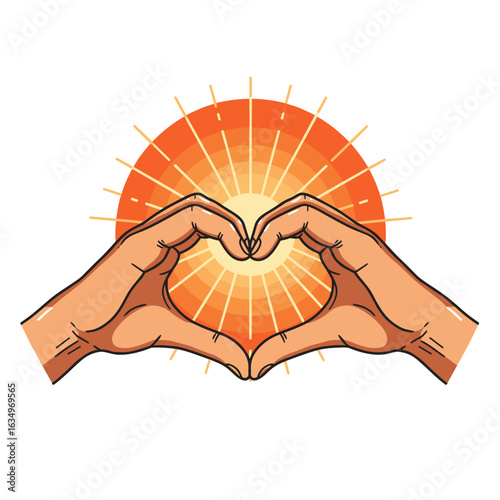 Hands forming heart shape with sun rays in warm colors  