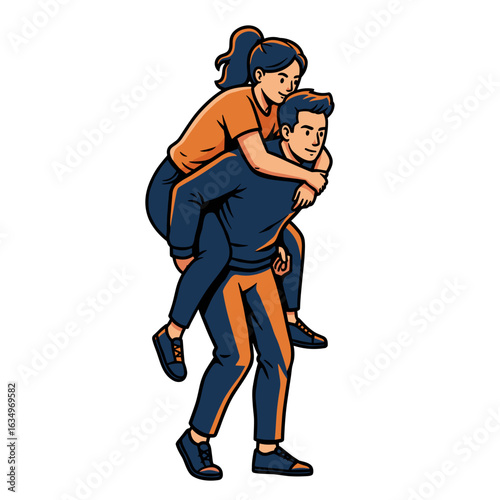 Young couple laughing while having fun during piggyback ride  