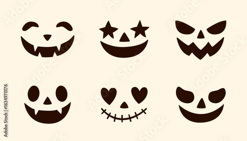Set of jack-o'-lantern face designs with spooky, cute, and funny expressions – perfect for Halloween decorations, pumpkin carving templates, stickers, or seasonal crafts