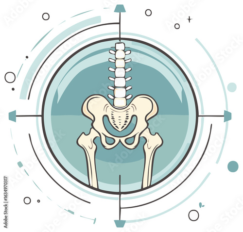 Medical illustration of human hip, pelvis, and spinal anatomy with abstract modern elements