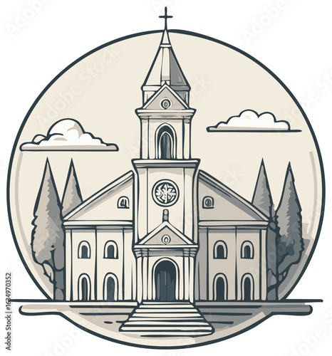 Vintage style line art illustration of a traditional church with a steeple and cross