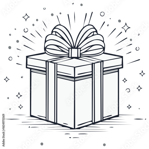 Celebratory gift box present with ribbon bow doodle drawing design with sparkle