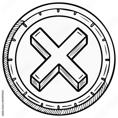 Drawn coin with an X mark inside, monochrome design.