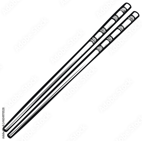 Black and white line art illustration of a pair of traditional Asian chopsticks with decorative grooves for eating food