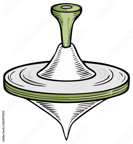 Spinning top toy spinning around with retro line art illustration