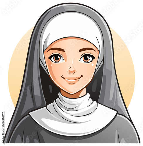 Smiling Young Woman Cartoon in Traditional Religious Habit Vector Portrait